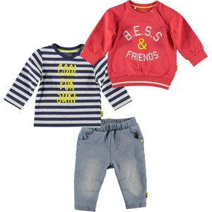 BESS - kledingset - 3delig - sweater rood - broek jogdenim blauw - shirt gestreept  - Maat 56