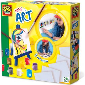 SES - Mini Art - 5 canvas doeken en mini houten schildersezel - inclusief 12 kleuren verf en 2 penselen - makkelijk uitwasbaar