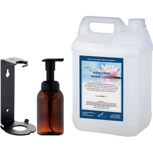 Zeepdispenser 300 ml amber bruin hervulbaar + 5 liter Handzeep White Lotus navulling (inclusief beugel)