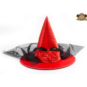 Partychimp Heksenhoed voor bij Halloween Kostuum Dames Carnavalskleding Dames - Polyester - Rood/zwart - One-size