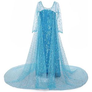 Prinses - Elsa jurk met sleep - Frozen -  Prinsessenjurk - Verkleedkleding - Blauw - Maat 134/140 (8/9 jaar)