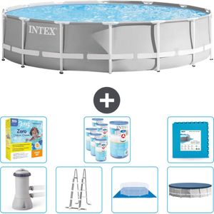 Intex Rond Prism Frame Zwembad - 427 x 107 cm - Grijs - Inclusief Pomp - Ladder - Grondzeil - Afdekzeil Onderhoudspakket - Filters - Vloertegels
