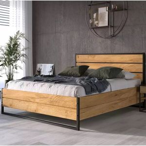 Eiken bed met metalen frame en opbergruimte 160X200