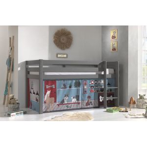 LUCEVI - Pino Halfhoogslaper H115CM + Ladder + Pet Shop Gordijntjes - Grijs - 90x200 cm