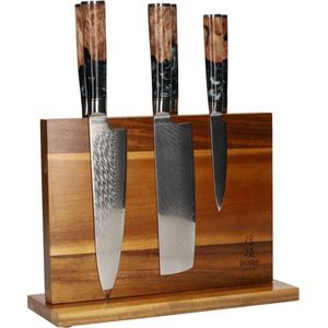 Shinrai Japan Messenset met Blok - 6 delig - Koksmes - Japanse Messen - Damascus Print Epoxy Onyx - Magnetisch Messenblok Dubbelzijdig - Met Luxe Geschenkdoos