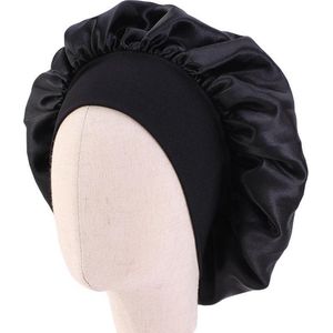 Kinderen slaapmuts - Haarverzorging – Breede band – XL – Kinderen hair bonnet - Dames slaapmuts - Soft Bonnet slaapmuts - Satijnen slaapmuts - Satijn bonnet - Bonnet - Kind - Nachtmuts - Sleep cap – Kinderen hoofddeksel – Zwart