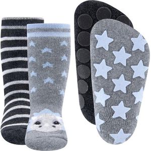 Dubbelpak Antislipsokken met Noppen - Grijs met Dinosaurus en Grijs met strepen - 16/17