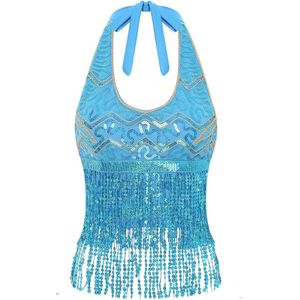 Dames Pailletten Top Nekhouder Shirt met Glitter Franjes voor Dans en Party