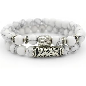Kralen Armband met Buddha Beeld - Wit Marmer - Natuursteen - Boeddha Sieraden - Armbanden Heren Dames - Kralenarmband - Cadeau voor Man - Mannen Cadeautjes