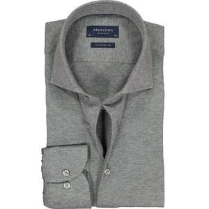 Profuomo slim fit jersey overhemd - knitted shirt - antraciet grijs melange - Strijkvrij - Boordmaat: 40