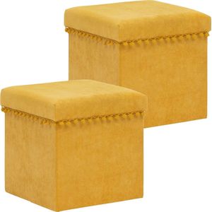 Atmosphera Poef/krukje/hocker Arabic - 2x - Opvouwbare zit opslag box - fluweel Okergeel - D38 x H38 cm - MDF/polyester