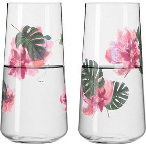 universele glazenset - serie zomersonet - 2 stuks met bloemenmotief - roze