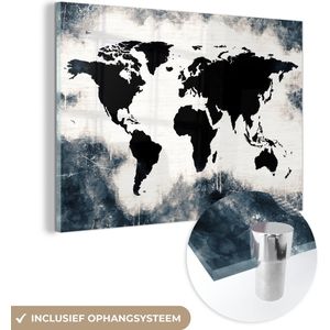 MuchoWow® Glasschilderij 180x120 cm - Schilderij acrylglas - Wereldkaart - Hout - Zwart - Foto op glas - Schilderijen