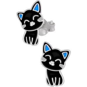 Oorbellen meisjes zilver | Zilveren oorstekers, zwart katje met blauwe oren