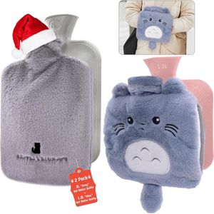 Warmwaterkruik met overtrek (1,2 liter + 2 liter), hoogwaardig pvc met zachte pluche, bescherming tegen kou, voor kinderen, vrouwen, volwassenen (grijs + blauw)