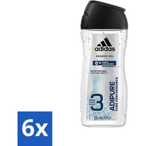 Adidas - 3-in-1 Douchegel - Adipure Pure Performance - Huidvriendelijk - 0% Zeep Kleurstof - 250 ml - Voordeelverpakking - 6 stuks