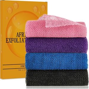 Afrikaans exfoliërend net, 4 stuks Afrikaanse netspons, nylon Afrikaans badsponsnet, Afrikaans net lang net badspons douche body scrubber (zwart, blauw, roze, paars)