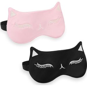 Oogmasker Slaap - Zijden Verduisterend Oogmasker - Schattig Kattenslaapmasker met Verstelbare Band voor Tieners - Mevrouw - Slaap en Reisbenodigdheden - 2 Stuks Oogdekken