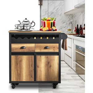 Keukeneiland - Verplaatsbaar - Keukenkast - Dressoir - Organizer - Kasten - Houten Werkblad - 1 Flessenhouder - 2 laden - 2 deuren - Zwart