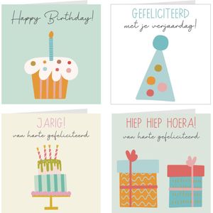 4x verjaardagskaarten | VAN HARTE GEFELICITEERD | wenskaarten / set kaarten met enveloppen | voor kinderen & volwassenen | cupcake, feesthoedje, taart & cadeautjes