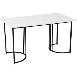 Rechthoekige eettafel 140 x 80 cm - Moderne keukentafel met metalen frame - Eettafel in marmerlook met verstelbare poten voor eetkamer/woonkamer - wit/zwart