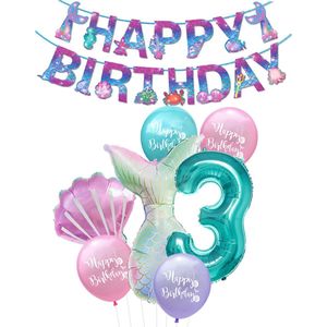 Cijfer ballon 3 Turquoise - Zeemeermin - Mermaid - Meermin - Plus Ballonnen Pakket - Kinderfeestje - Verjaardag Slinger - Snoes