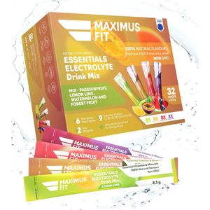 MaximusFit Elektrolyten - Elektrolyten Poeder - 32 zakjes van 8.5g - Weinig Suiker - Keto Friendly - Mix (8st. Citroen/Limoen, 8st. Watermeloen, 8st. passievrucht, 8st. Bosvruchten)