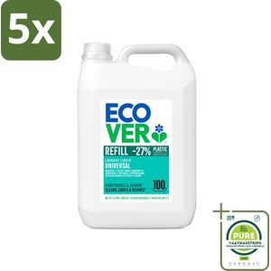 5 x Ecover - Vloeibaar wasmiddel - Universeel - Kamperfoelie & Jasmijn - 5 liter - 100 wasbeurten - Grootverpakking - Wasmiddel - Biologisch Wasmiddel - Plantaardig Wasmiddel - Vlekkenverwijderaar - Wasmiddel Kamperfoelie