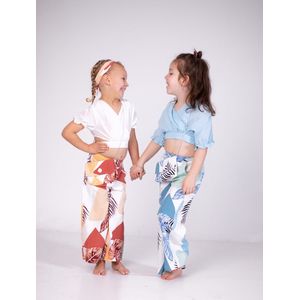 Meisjes 4 delige set kleding broek zomer voorjaar girls maat 8/8Y top tasje wit blauw print