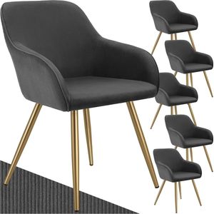 tectake® Stoel - Gestoffeerde woonkamerstoel met cordlook/ribstof - Designstoel, loungestoel - Draagvermogen tot 120kg - Set van 6 - Div kleuren - antraciet/goud