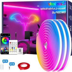 RGB Neon LED Strip - 6m Flexible Strip with Strong Double Tape - 24V LED Light Cables with App/Remote Control for Bedroom, Room, and Outdoor Decoration