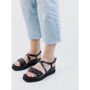 No Stress - Dames - Zwarte leren sandalen met gevlochten bandjes - Maat 39