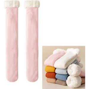 1 Paar Warme Huissokken Dames Roze - gevoerd - anti-slip - lange huissokken - cadeautip