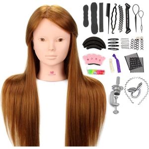 Trainingshoofd, Kappershoofd 24"" Bruin 50% Echte Menselijke Haar Cosmetologie Mannequin Manikin Doll met Make-up Functie + Haarstyling Vlecht Set + Gratis Klem