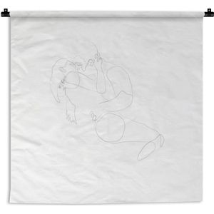 Wandkleed Line-art Koppel - 6 - Illustratie kussend koppel op een witte achtergrond Wandkleed katoen 150x150 cm - Wandtapijt met foto