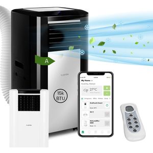 Klarstein airconditioner, 5-in-1 mobiele airconditioner, luchtontvochtiger, ventilator, nachtmodus, antibacteriële luchtreiniger, zeer stille & mobiele airconditioner met luchtafvoerslang, 15000 BTU, pikzwart