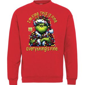 Kersttrui Grinch Is Fine | Foute Kersttrui Dames Heren | Kerstcadeau | Kerstpakket | Rood | maat XS
