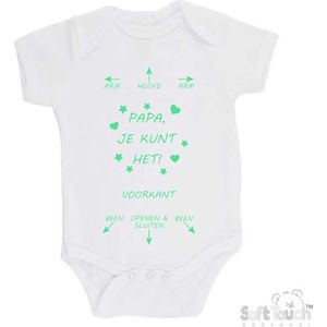 100% katoenen Romper ""Arm - Hoofd - Arm - Papa, je kunt het! - Been - Openen & Sluiten - Been"" Unisex Katoen Wit/mint Maat 62/68 Papa