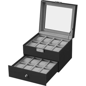 Horlogedoos met glazen deksel en 2 niveaus - Uitneembare horlogekussens - Cadeau-idee - PU-bekleding - Zwart - Groengrijs.