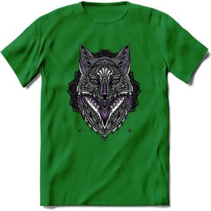 Vos - Dieren Mandala T-Shirt | Paars | Grappig Verjaardag Zentangle Dierenkop Cadeau Shirt | Dames - Heren - Unisex | Wildlife Tshirt Kleding Kado | - Donker Groen - M