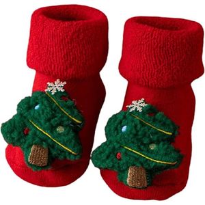 Extra dikke wintersokken met fleecevoering voor baby's jonger dan 1 jaar (zool van 8,5 cm) - Katoenen sokken met kerstthema - 3D-kerstlogo-ontwerp - Antislipvloersokken om te slapen - Maat A