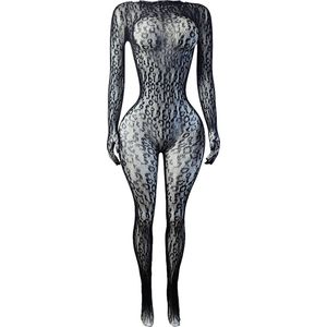 BamBella ® - Panty pak -Onesize - body suit - Dames - Onesize - Erotische jumpsuit van kant lingerie zwart panterprint handschoenen lange mouwen
