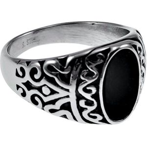 Zegelring Unisex - Gepolijst RVS - Ovale Design - Ring met Zwarte Steen Dames - Heren