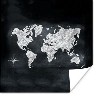 Poster Wereldkaart - Wit - Krijtbord - 30x30 cm
