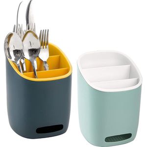 Set van 2 plastic keukengereihouders, afdruiprek caddy, 3 gedeelde zilverwerkhouders, drooggerei, gootsteen, werkblad, bestekorganizer voor lepels, vorken, messen, 2 kleuren
