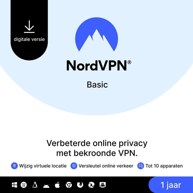 NordVPN Basic - 1 Jaar - VPN-Service - 10 Apparaten - PC & Telefoon