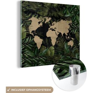 MuchoWow® Glasschilderij 20x20 cm - Schilderij acrylglas - Wereldkaart - Planten - Bladeren - Foto op glas - Schilderijen