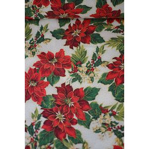 Katoen ecru met rode bloemen en groene bladeren 1 meter - modestoffen voor naaien - stoffen