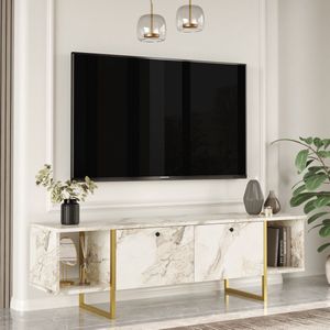 Tv-meubel met 2 deuren en 2 planken - Wit marmereffect en goudkleurig - DERANA L 160 cm x H 47.6 cm x D 40 cm