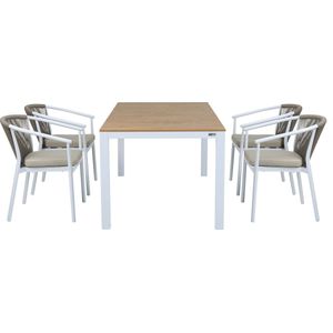 AXI Suvi Tuinset met 4 stoelen Wit met Teak-look Polywood – Gepoedercoat aluminium frame – Stoel met kaki kussen en rugleuning van Olefin touwen - Polywood tafelblad